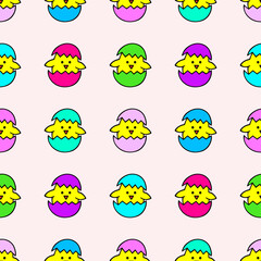 Bright seamless illustration with chicks in eggshells. Vector drawing. Easter