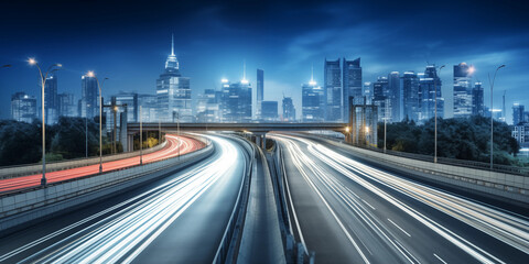 Fototapeta premium Highway overpass motion blur with city background.