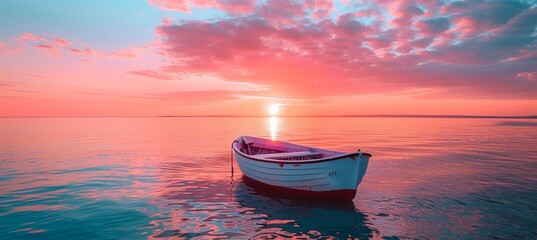 Tranquil boat in calm sea near beachline, quiet pastel landscape with copy space