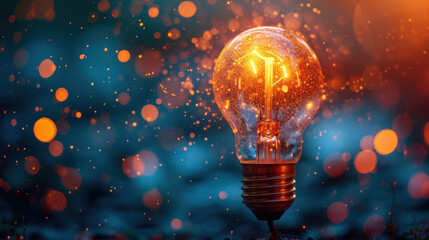 Illuminated light bulb stands out against a magical bokeh effect, symbolizing ideas, innovation, and the spark of creativity