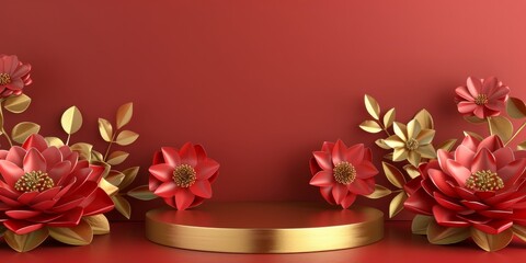 Red and gold podium background for product, Symbols of love for women's holiday, Valentine's Day, 3D rendering paper flowers with empty space for text or greeting card design. Postcard