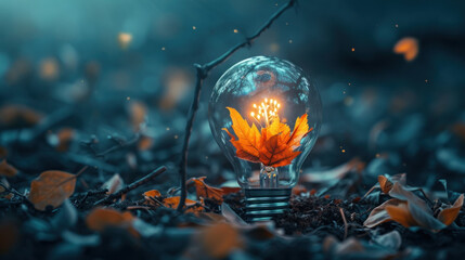 Vivid orange leaf encased in a light bulb radiates a warm, fiery glow, nestled among fallen leaves, symbolizing nature's energy