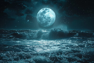 Subtle aqua waves shimmering under a moonlit night sky. 