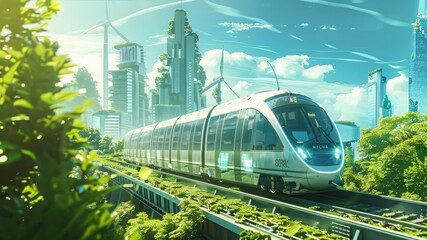 Green energy: High-speed electric train in future city with wind turbine. Futuristic world in motion.