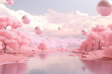 ink Fantasy World Fantasy Forest with lakes and trees Pink Dreamy World AI GEnerated 