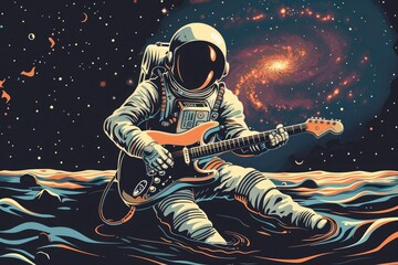 Captivating astronaut on ocean's edge, strumming a guitar amid stars and galaxies. Fantasy, sci-fi, and psychedelic vibes in a mesmerizing cosmic scene. - obrazy, fototapety, plakaty