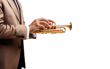 A well dressed man holds a trumpet, ready to play on White or PNG Transparent Background.