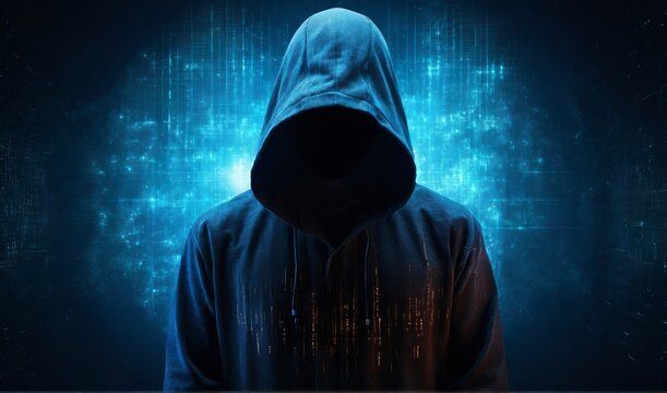 Abstract image of unrecognizable hacker cyber criminal in hood with dark space and matrix instead of face isolated on blue digital background. Security system cyber attack