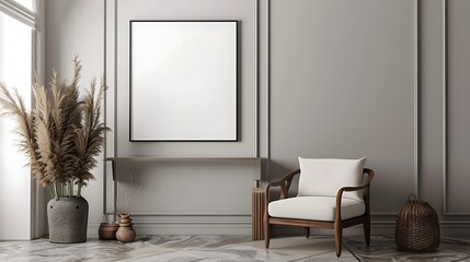 Fototapeta na wymiar 3D render of a sleek and modern poster blank frame in a transitional living room with a blend of contemporary and traditional elements