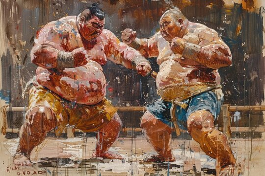 Illustration of two sumo wrestlers competing in the ring. Traditional Japanese martial arts