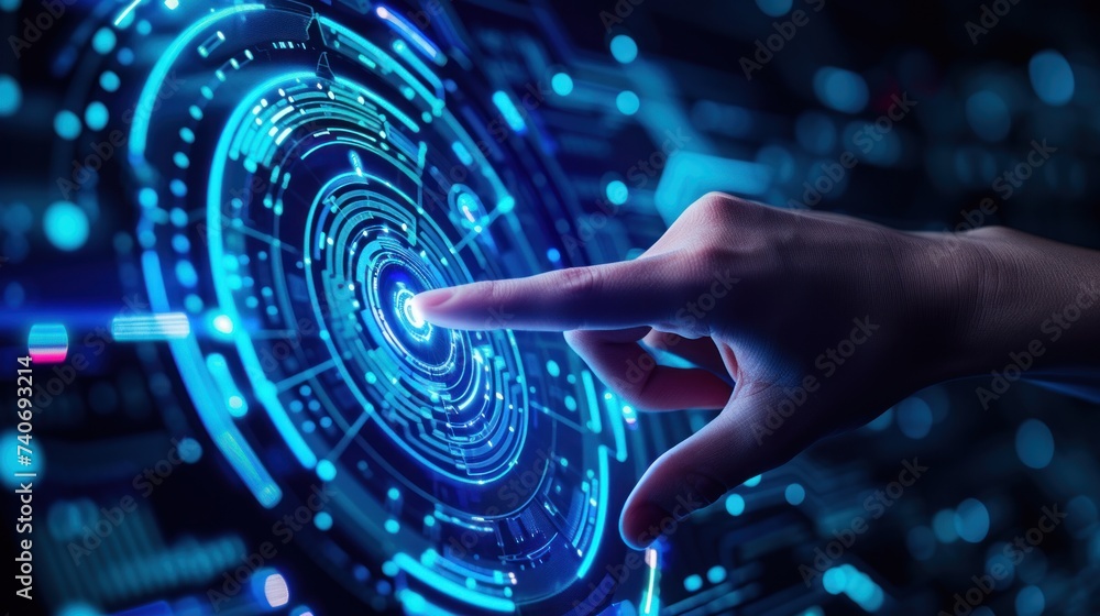 Poster artificial intelligence (ai) ,hand touching cpu icon with hand.