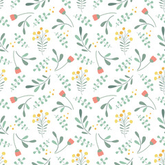 Floral seamless pattern in flat design. Cute vector illustration with flowers and leaves.
