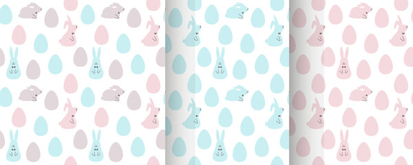 Easter seamless pattern set in simple flat design.Easter eggs and bunny cute illustration.