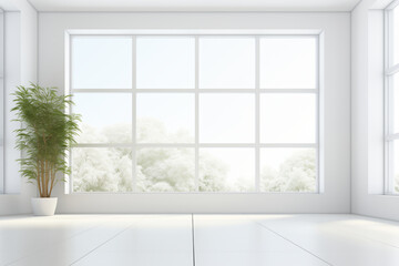Empty white room with big windows.