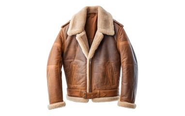 A fashionable brown leather jacket featuring a luxurious fur collar, perfect for adding warmth and elegance to any outfit. on White or PNG Transparent Background. - obrazy, fototapety, plakaty