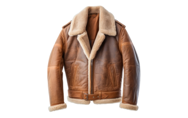 A fashionable brown leather jacket featuring a luxurious fur collar, perfect for adding warmth and elegance to any outfit. on White or PNG Transparent Background.