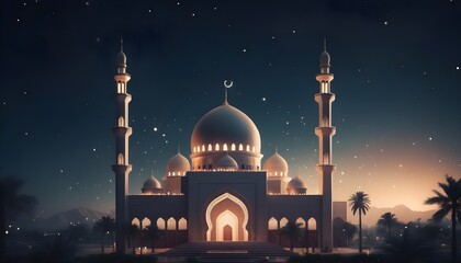 Simple illustration of a traditional mosque surrounded by twinkling stars, signifying the start of Ramadan
