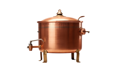 A photograph of a sizable copper pot resting on a sturdy metal stand. on White or PNG Transparent Background.