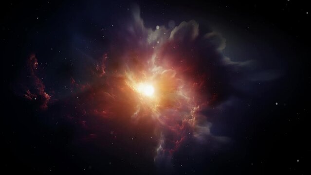 An red star shines brightly in the midst of a swirling galaxy