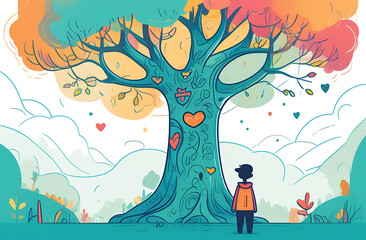 Child stands and looks at the tree. Greening the planet concept, save the planet. Our heritage.