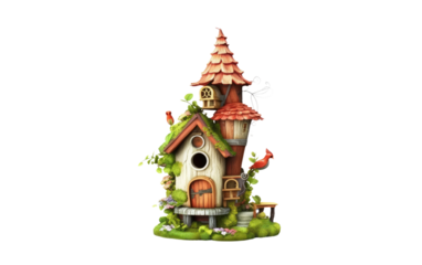 A bird house standing in a backyard with a bird sitting on top, observing its surroundings. on White or PNG Transparent Background.