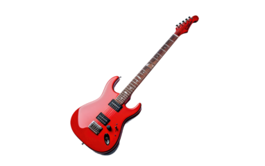 A photograph of a red electric guitar. on White or PNG Transparent Background.