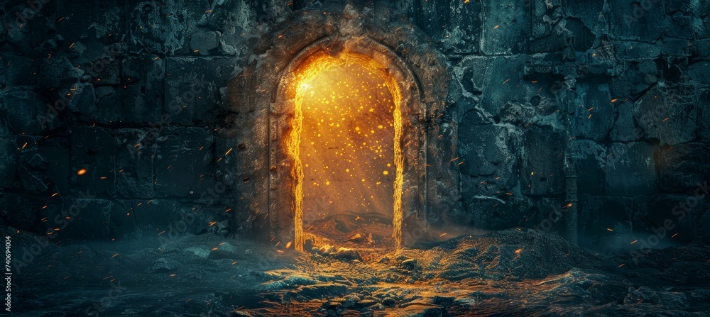 Poster mysterious keyhole with light shining through on dark background, copy space for text placement