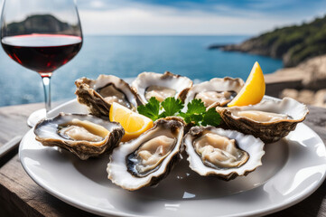 Oysters on Half Shell with Ice and Lemon by the Seaside