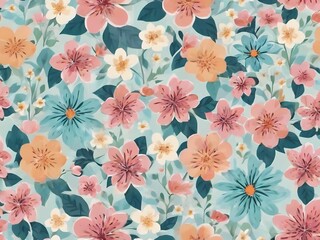 Fototapeta premium Colorful flowers and branches Illustration. Seamless pattern background. 