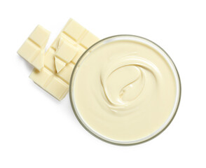 Tasty chocolate paste in bowl and pieces isolated on white, top view