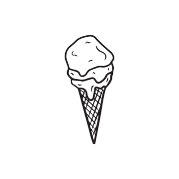 Tasty delicious ice crem in waffle cone with three scoops in black isolated on white. Hand drawn vector sketch illustration in doodle engraved vintage style. Children summer candy, fruits, sorbet.