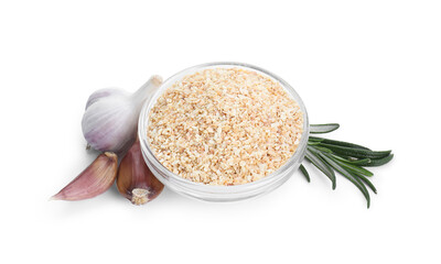 Dehydrated garlic granules in bowl, rosemary and unpeeled cloves isolated on white