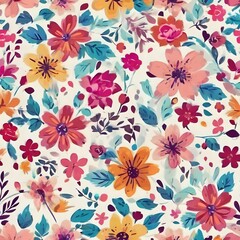 Fototapeta na wymiar Colorful flowers and branches Illustration. Seamless pattern background. 