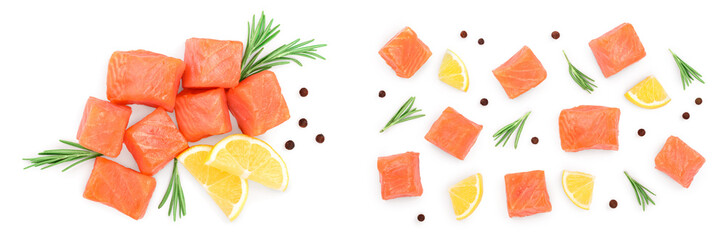 Slice of red fish salmon with rosemary and lemon isolated on white background. Top view. Flat lay