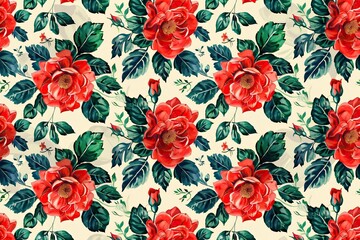 Red roses with green leaves, floral pattern in watercolor style on light background