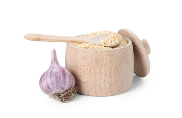 Dehydrated garlic granules and fresh bulb isolated on white