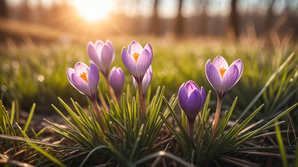 Closeup shot of crocus flowers growing on a sunlit meadow in forest