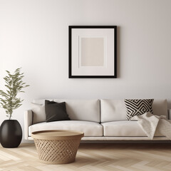 3:4 aspect ratio Vertical Black Frame Mockup White Wall, Minimalistic Classical Scandinavian Interior, Ikea Style  Furniture 