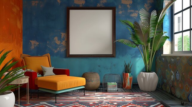 3D render of a sleek and modern poster blank frame in an eclectic living room with mismatched furniture and vibrant patterns