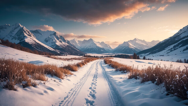 Snow-covered path with tracks leading towards mountains in the distance, winter landscape
