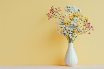 Fresh cut spring flowers in vase on yellow background