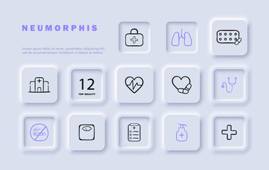 Prevention line icon set. Comprehensive, customized, therapeutic, first aid kit, hospital, scales, heartbeat, lungs . Neomorphism style. Vector line icon for business and advertising