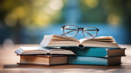 A stack of books and a pair of glasses . Blurred background - obrazy, fototapety, plakaty
