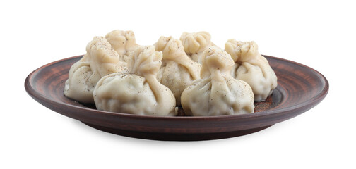 Plate with tasty fresh khinkali (dumplings) and spices isolated on white. Georgian cuisine