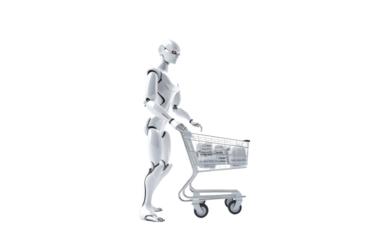 A white robot diligently pushing a shopping cart in a store aisle filled with products. on White or PNG Transparent Background.