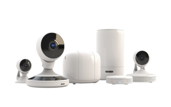 Several cameras are placed adjacent to each other, displaying a range of models and types. on White or PNG Transparent Background.