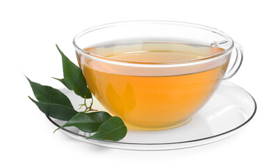 Fresh green tea in glass cup, leaves and saucer isolated on white