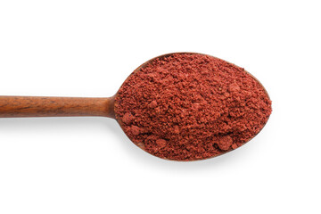Dried cranberry powder in spoon isolated on white, top view