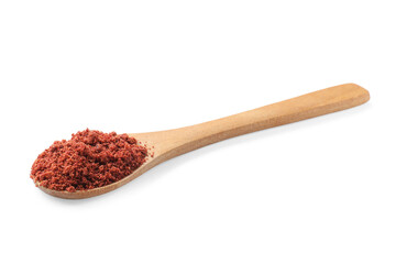 Dried cranberry powder in wooden spoon isolated on white