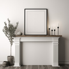 Black Frame mockup, white wall, Interior , neutral tones, modernd  background, candles, flower in pot, fireplace, TV Art, sofa, couch, indoor, lounge, comfortable, table, candles, vase, flower, firepl